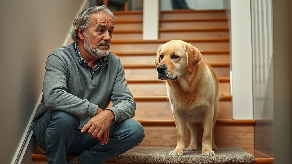 Concerned pet owner watching senior golden retriever hesitate on stairs—recognizing dog mobility issues, older dog, home stairs