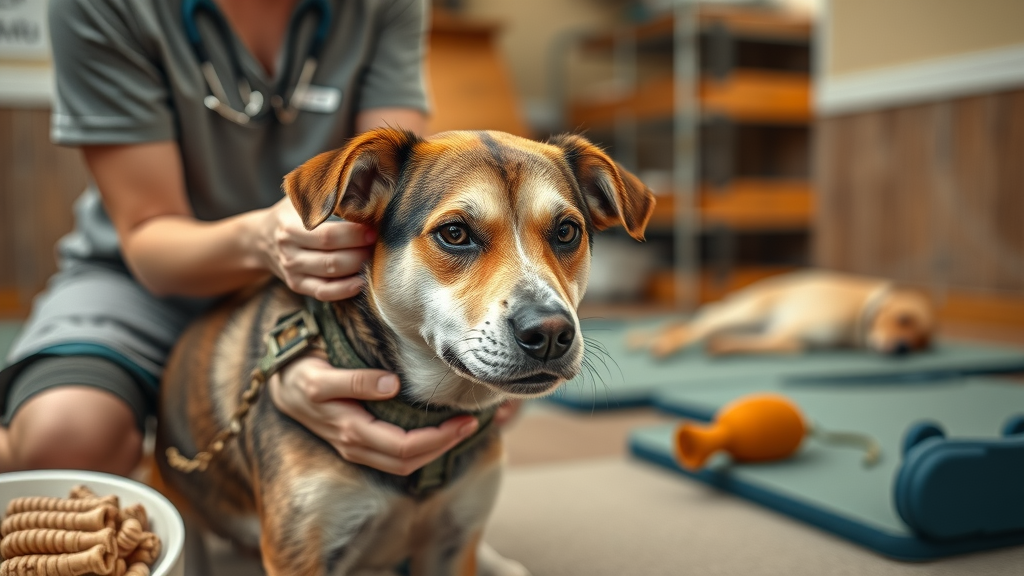rescue dog being comforted by a compassionate professional dog trainer in a rehabilitation facility
