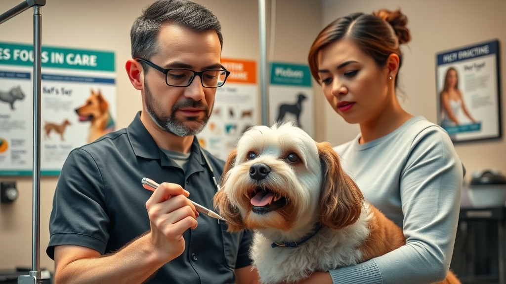 Experienced pet groomer consulting with a senior dog