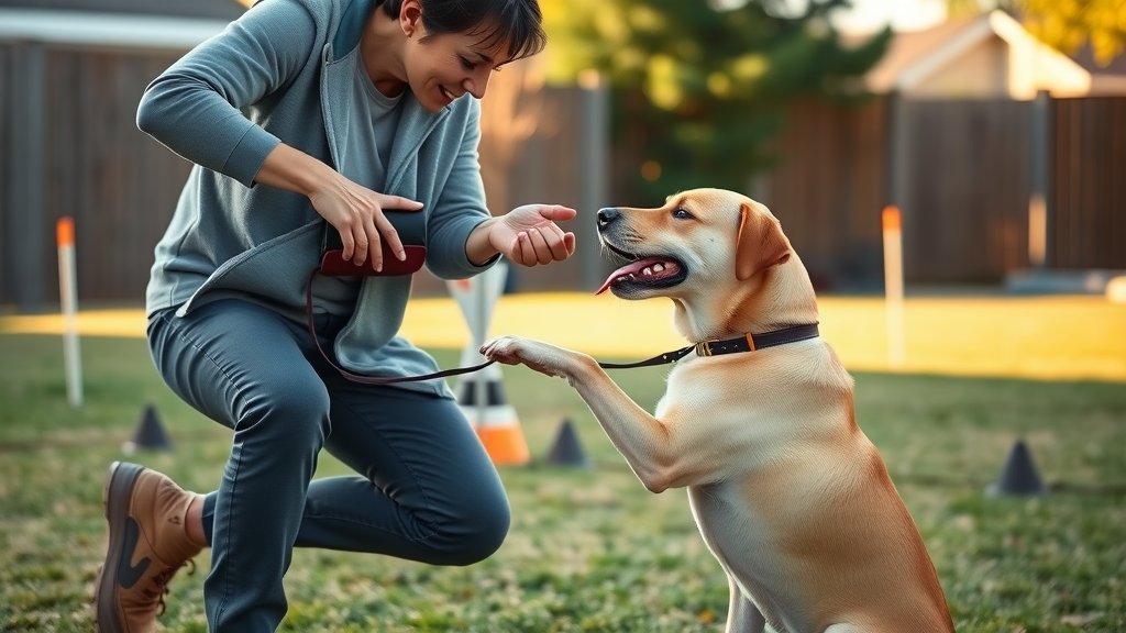 Dog owner guiding dog through obedience exercise with treat pouch, stopping dog aggression through positive training