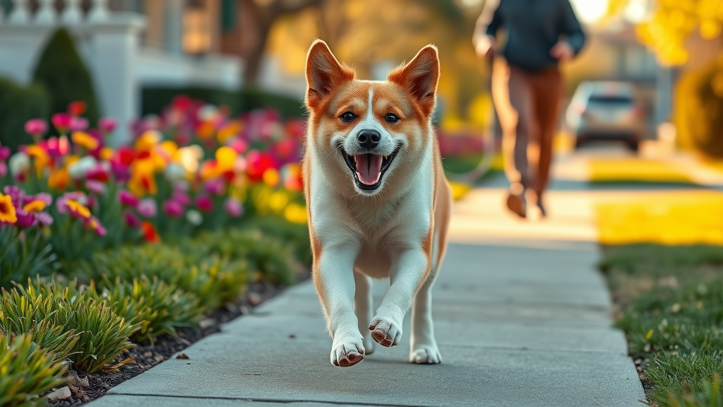 Energetic dog running on leash with happy owner in background, suburban spring scene, calm dog training methods and regular physical exercise