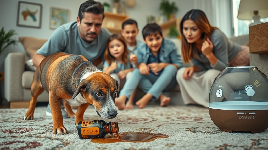 Dog sniffing spilled essential oil while family rushes to clean. Owner worried as open diffuser and possible hazards are visible. essential oil mistakes