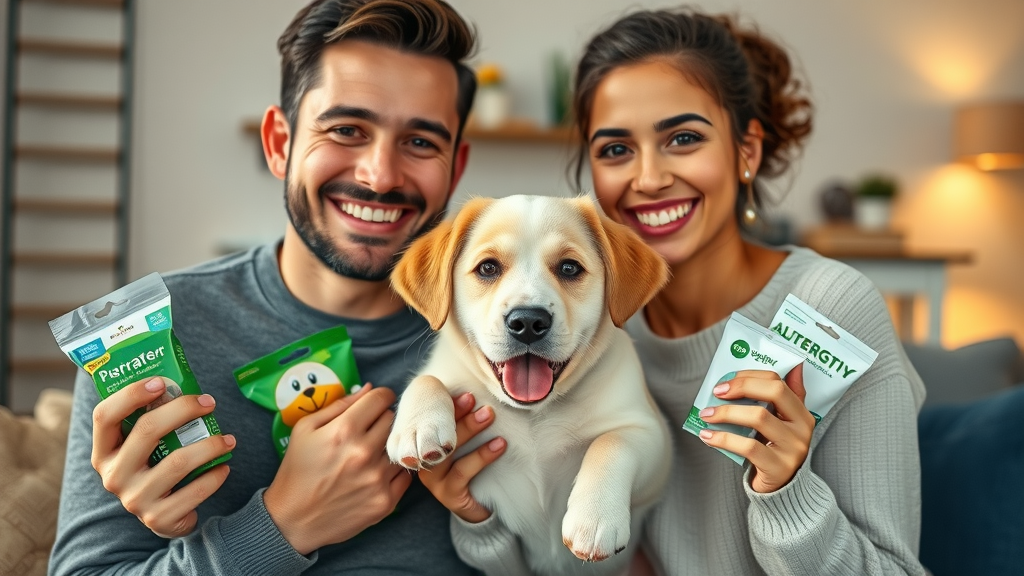 Happy dog parents showing off top-rated puppy training supplies at home, smiling with their puppy, detailed facial features.