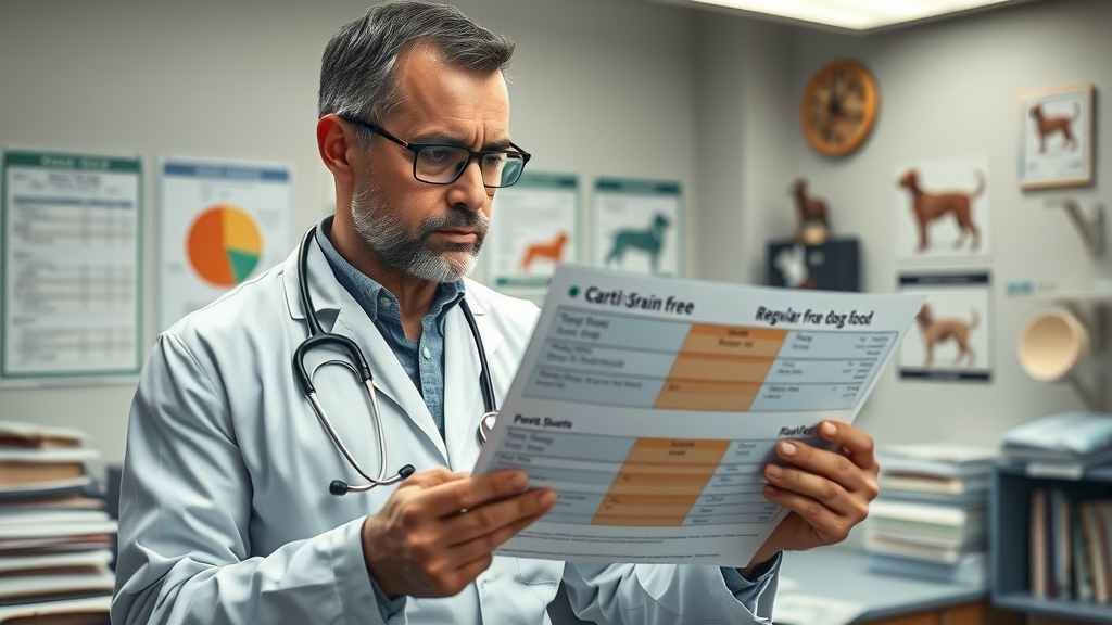 veterinarian analyzing a chart comparing grain-free dog food to regular dog food, focused at a clinic desk surrounded by nutrition charts and stethoscope