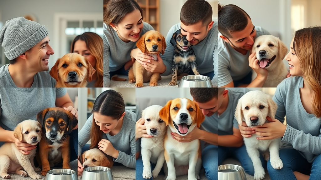 Pet owners and their dogs considering wet vs dry dog food in a home environment