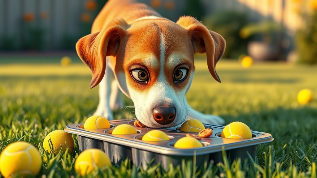 Curious dog sniffing muffin tin with tennis balls and treats for outdoor dog games