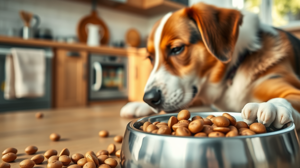 dog food bowl with omega-3 fish oil capsules and contented dog, exemplifying dog nutrition and natural supplements