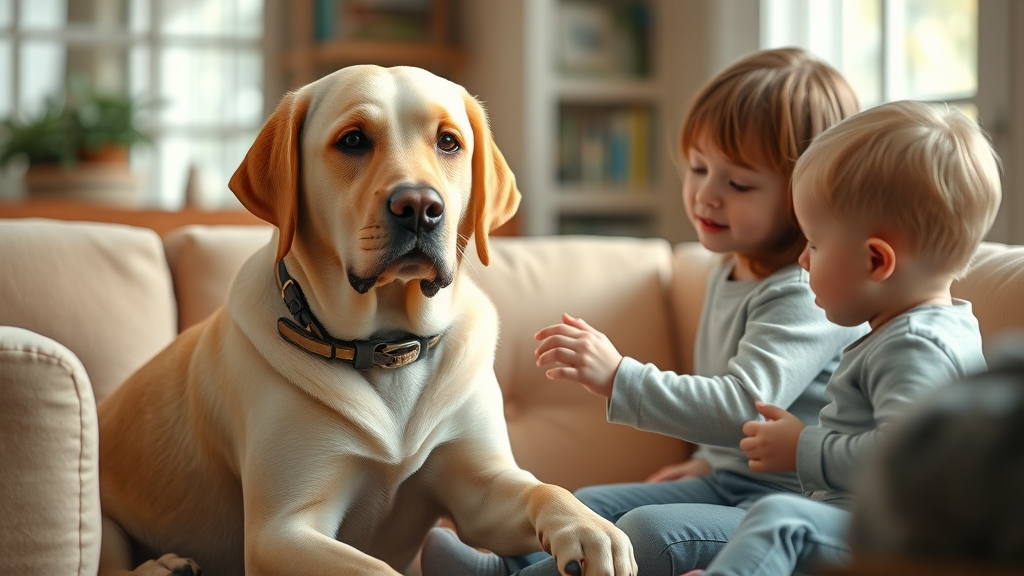 gentle Labrador retriever, friendly, interacting gently with small children, family dog breeds, dogs for families, cozy living room