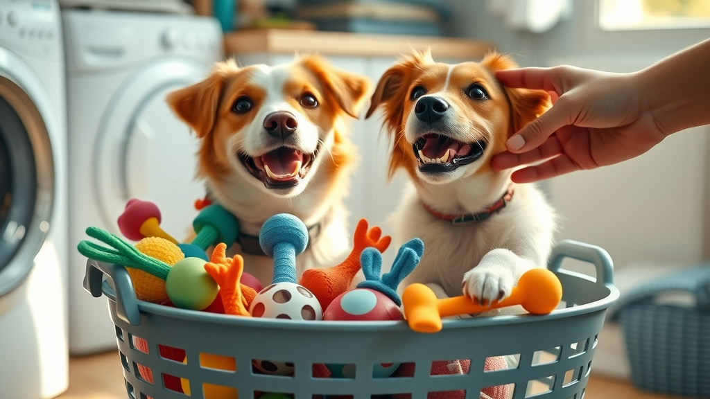 organized dog toy basket and cheerful dog choosing interactive toy - enrichment toys care